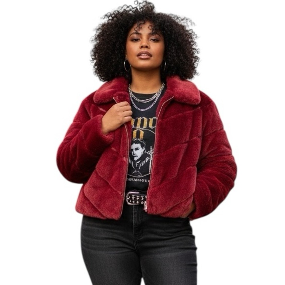 Polished & Poised Plush Faux Fur+Vegan Leather Trim Jacket Zip Front 2XL NWT